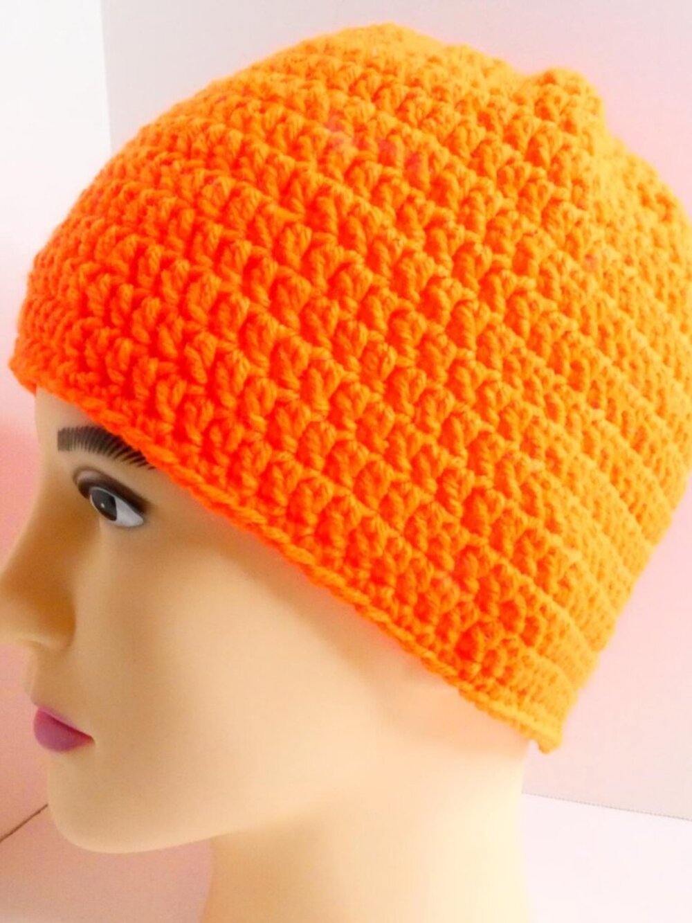 Neon Orange Beanie 8.5" Hat OS Cap Handmade Crochet Hand Knit Unisex NWT